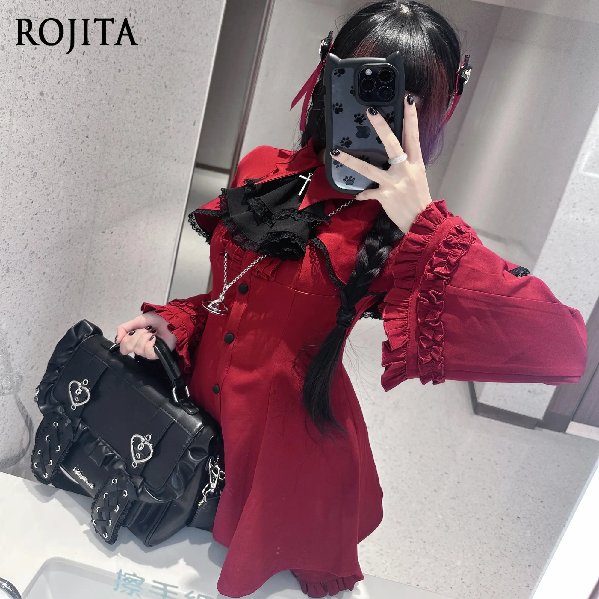 

Japanese Style Dark Long Sleeves Shirt Dress and Shorts 2 Piece Sets Womens Outfits 2026 Spring New Ruffles Trumpet Sleeve Tops