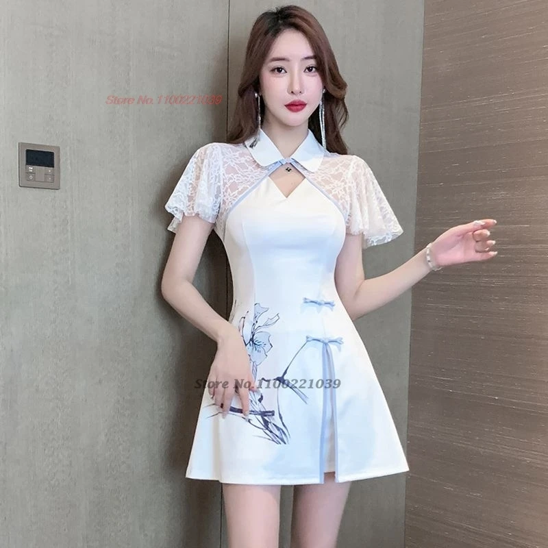 2026 chinese nightclub dress cheongsam improved qipao national flower print lace patchwork dress+shorts set hotel spa work dress