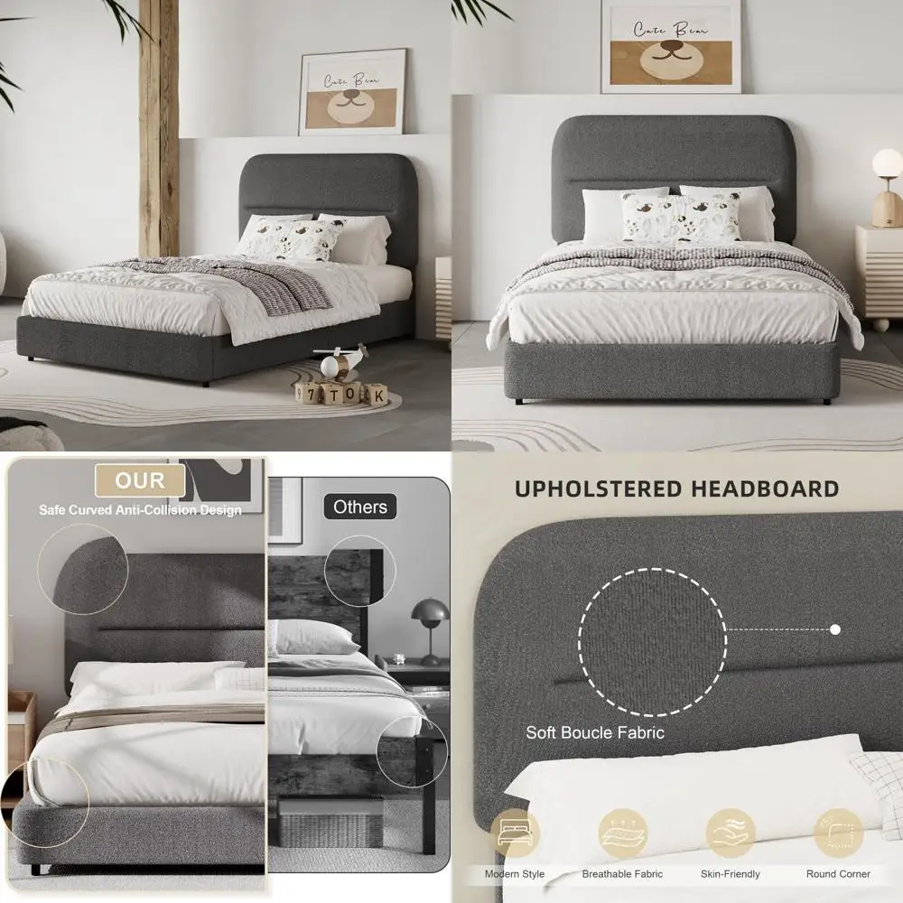 Twin-Sized Plush Bed Frame with Rounded Upholstered Headboard and Enhanced Footboard