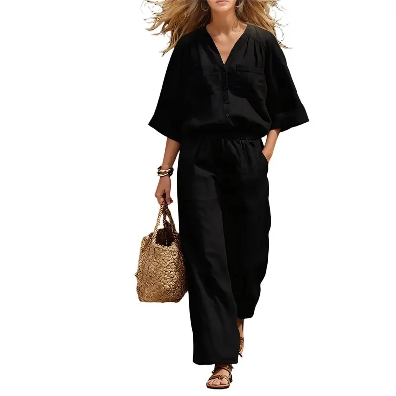 

CYL-Women 2 Piece Set V Neck 3/4 Sleeve Tunic Tops Wide Leg Pants Matching Summer Lounge Resort Beach