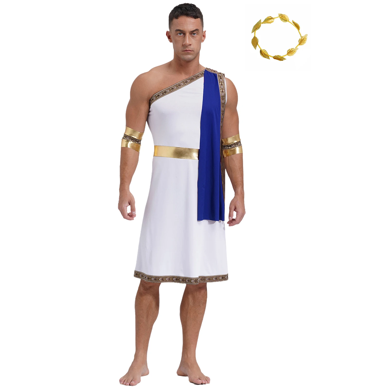 Toga grega antiga Cosplay masculino uniforme, traje de Halloween, vestido de um ombro robe, mangas, folhas douradas, guirlanda Headwear