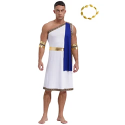 Men Ancient Greek Roman Toga Halloween Theme Party God Caesar King Prince Cosplay Costume One Shoulder Gown with Cuffs Headwear