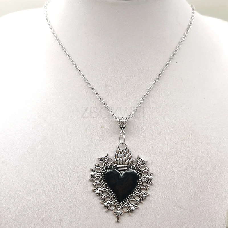 Sacred Flaming Hearts, Sacred Flaming Corazon, Ex-Votos Hearts, Mexican Milagros Necklace,Burning Heart Necklace,Gothic Jewelry,