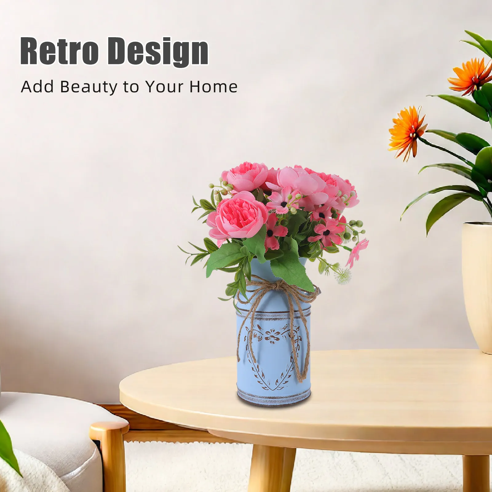 Vintage Metal Bucket Flower Vase – Rustic Farmhouse Decor for Dried Flowers & Home Arrangements