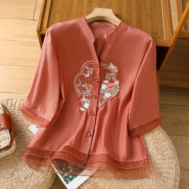 النمط الصيني الملابس النسائية البلوزات خمر قمصان مطرزة ملابس الصيف فضفاضة قصيرة الأكمام القطن الكتان النساء بلايز #2