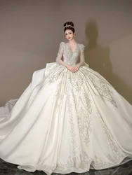luxury Full sleeve Wedding Dresses classic Satin wedding dress with Royal Train Shiny Wedding Dress customized
