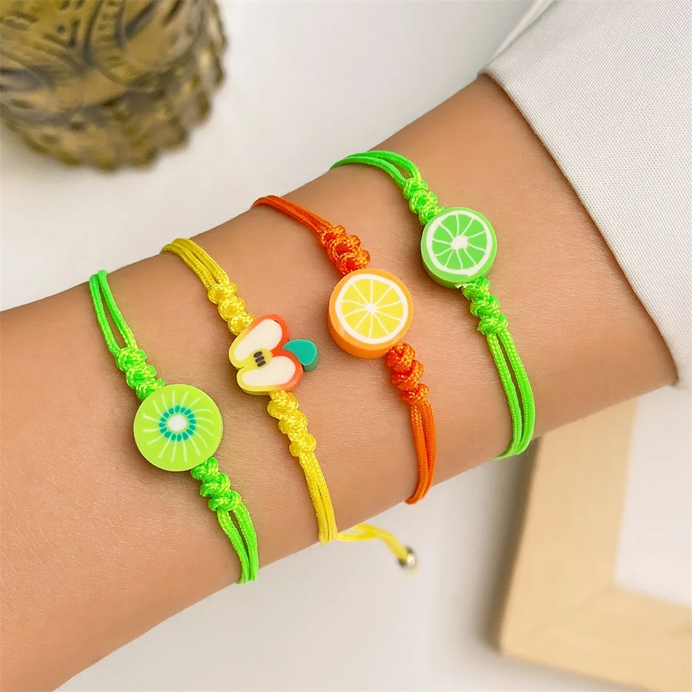 EN Fashion Handmade Fruit Apple Orange Pendant Bracelet For Women Charm Sweet Colorful Braided Bracelets & Bangle Jewelry