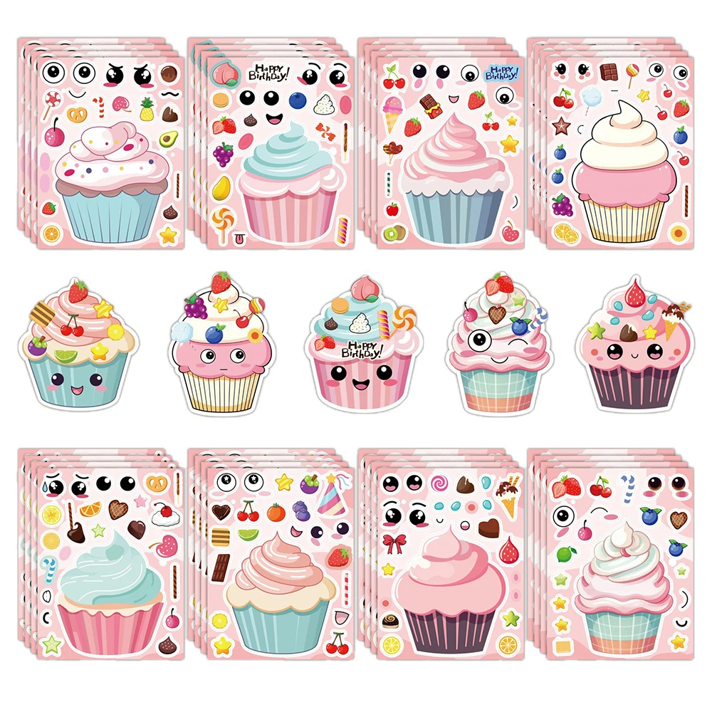 8/16Sheets Cupcake Puzzle Stickers Funny Make a Face Decal for Stationery Luggage Cartoon Assemble Educational Craft Sticker