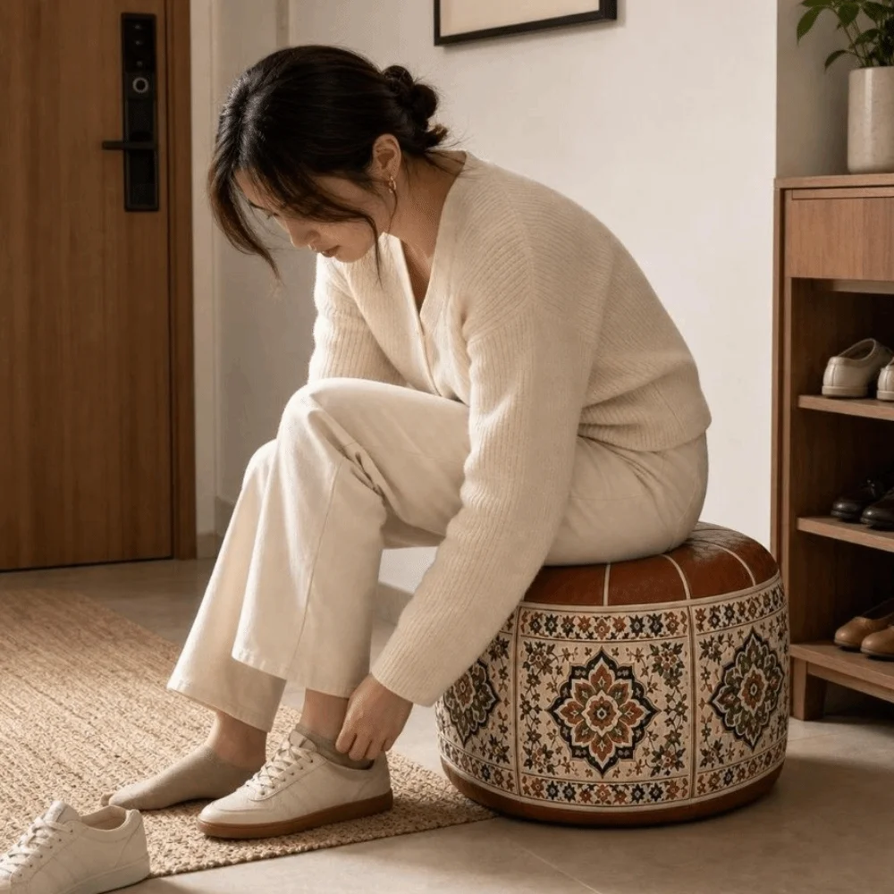 Multipurpose PU Leather Sofa Stool Cover Fillable Round Storage Leg Bench Boho Style Foldable Leather Pouf Shoe-changing