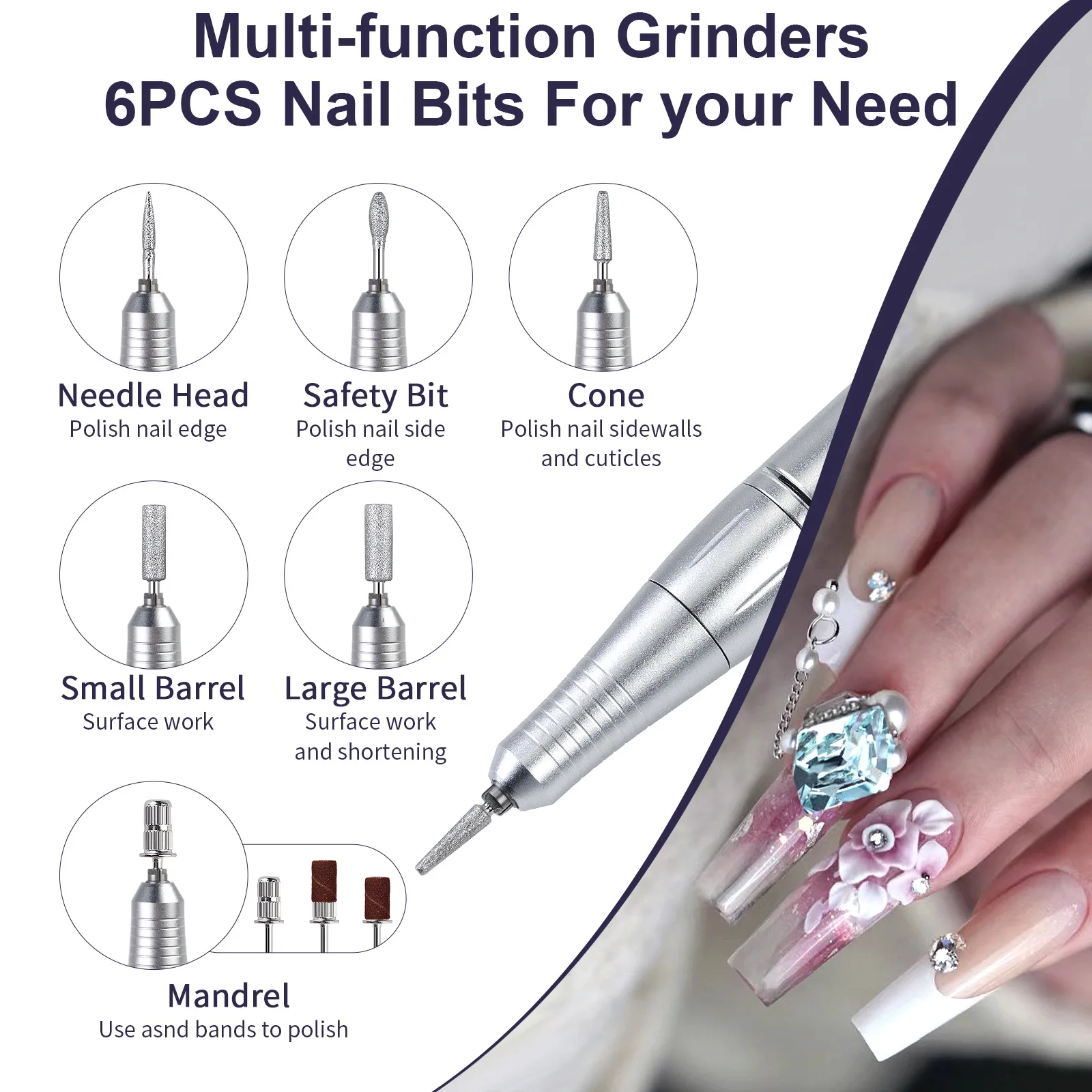 45000RPM Electric Nail Drill Pen - Cordless Rechargeable for Salon & Home, Manicure Kit with 6 Grinding Bits Nail Polisher