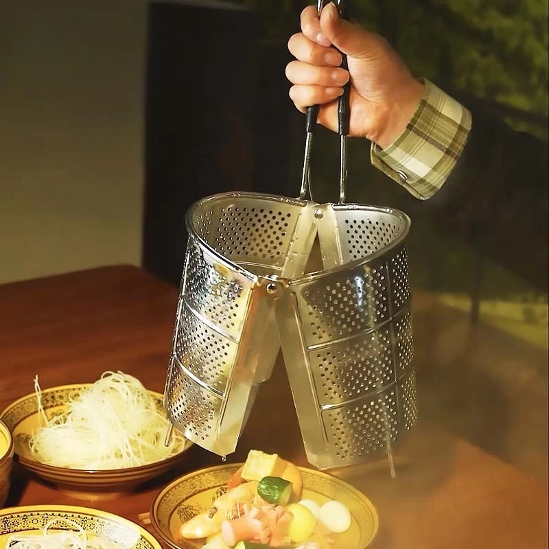 Foldable 304 Stainless Steel Skimmer Basket, Commercial Noodle Pasta Strainer Filter For Hot Pot Vegetable Blanching
