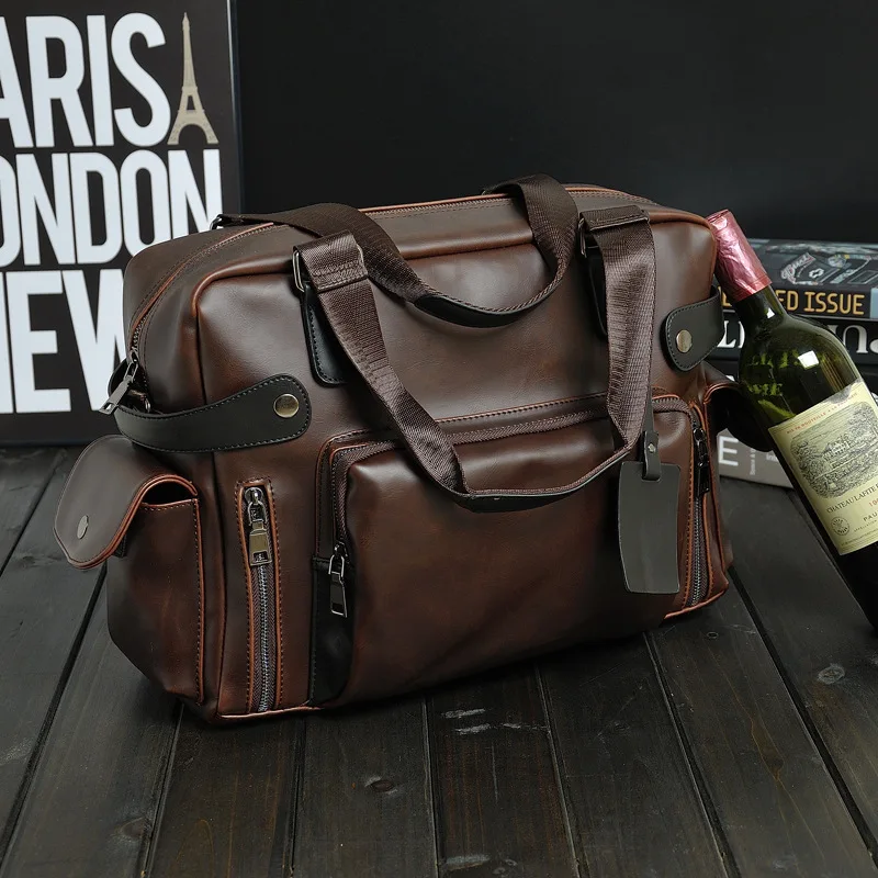Borsa da viaggio per bagagli a spalla da uomo multitasche per computer da 14 pollici di grande capacità in pelle PU resistente all'usura casual retrò