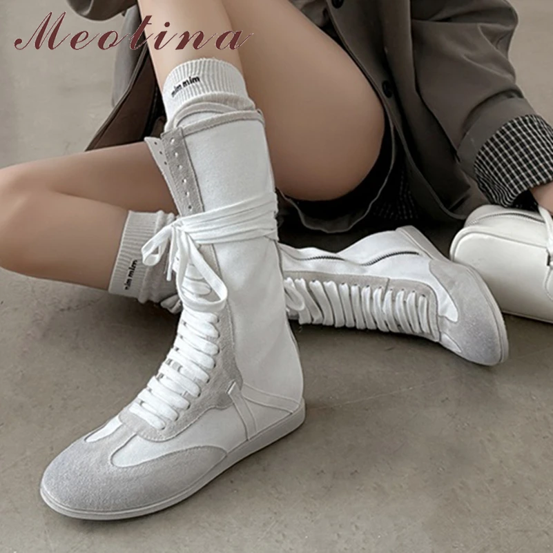 

Meotina Women Genuine Leather Mid Calf Boots Round Toe Cow Suede Flats Lace-up Zipper Ladies Fashion Shoes Autumn Winter White