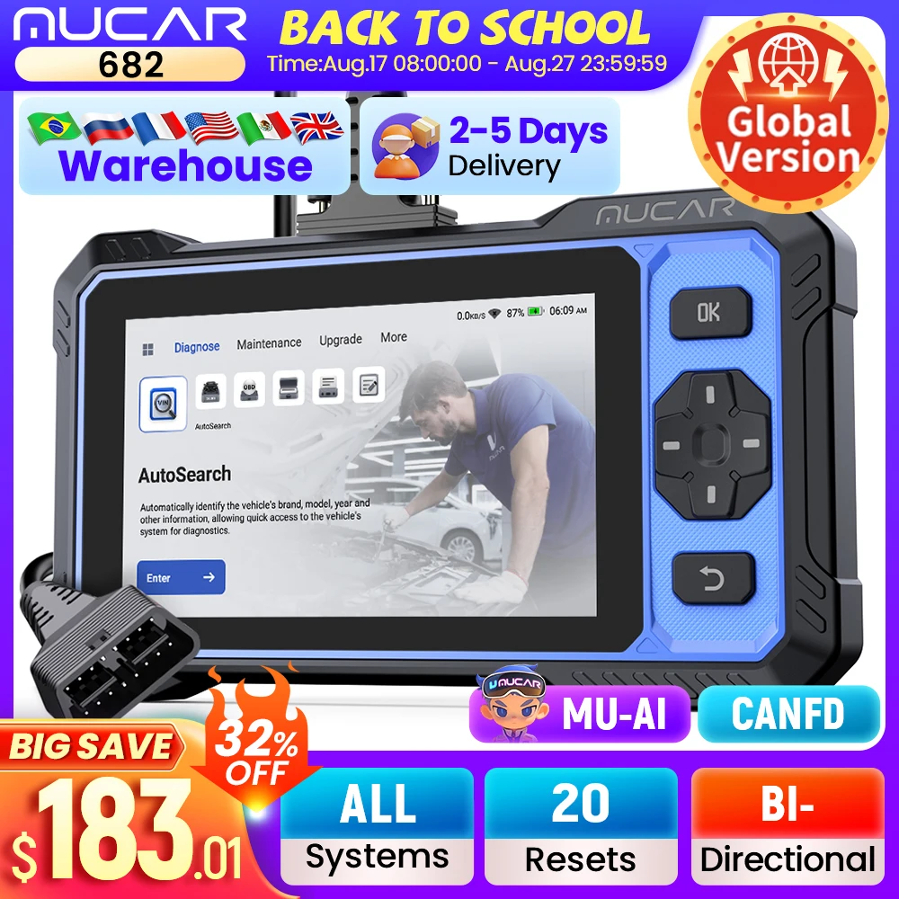 

MUCAR 682 Professional Car Diagnostic Tool CANFD Bidirectional ECU Coding 20 Resets Full System Life Free Update Obd2 Scanner