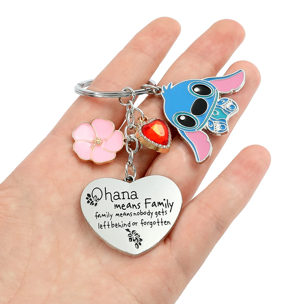 Disney Stitch Keychain para a família, desenhos animados bonitos, pingente de aço inoxidável, Ohana vive família, presente de Natal