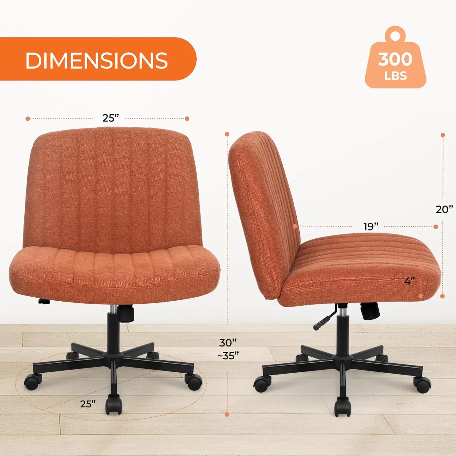 Orange Factory Criss Cross Chair With Wheels Comfy Cross Legged Office Desk Armless Wide Vanity Makeup Chair Adjustable Rolling