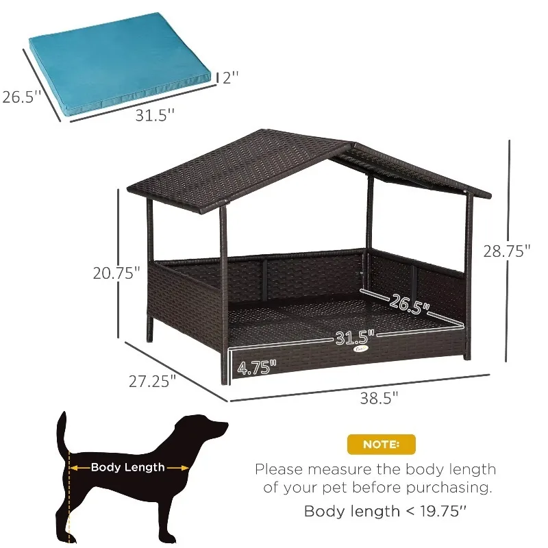 DB Wicker Elevated Dog House Indoor/Outdoor Blue Rattan Bed with Removable Cushion Lounge Pet Beds