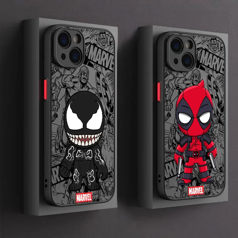 Marvel Cartoon Phone Case For iPhone 15 Pro Max Venom Cases 14 13 11 Pro 12 Mini XS 7 8 15 Plus Clear Matte Cover Deadpool Groot