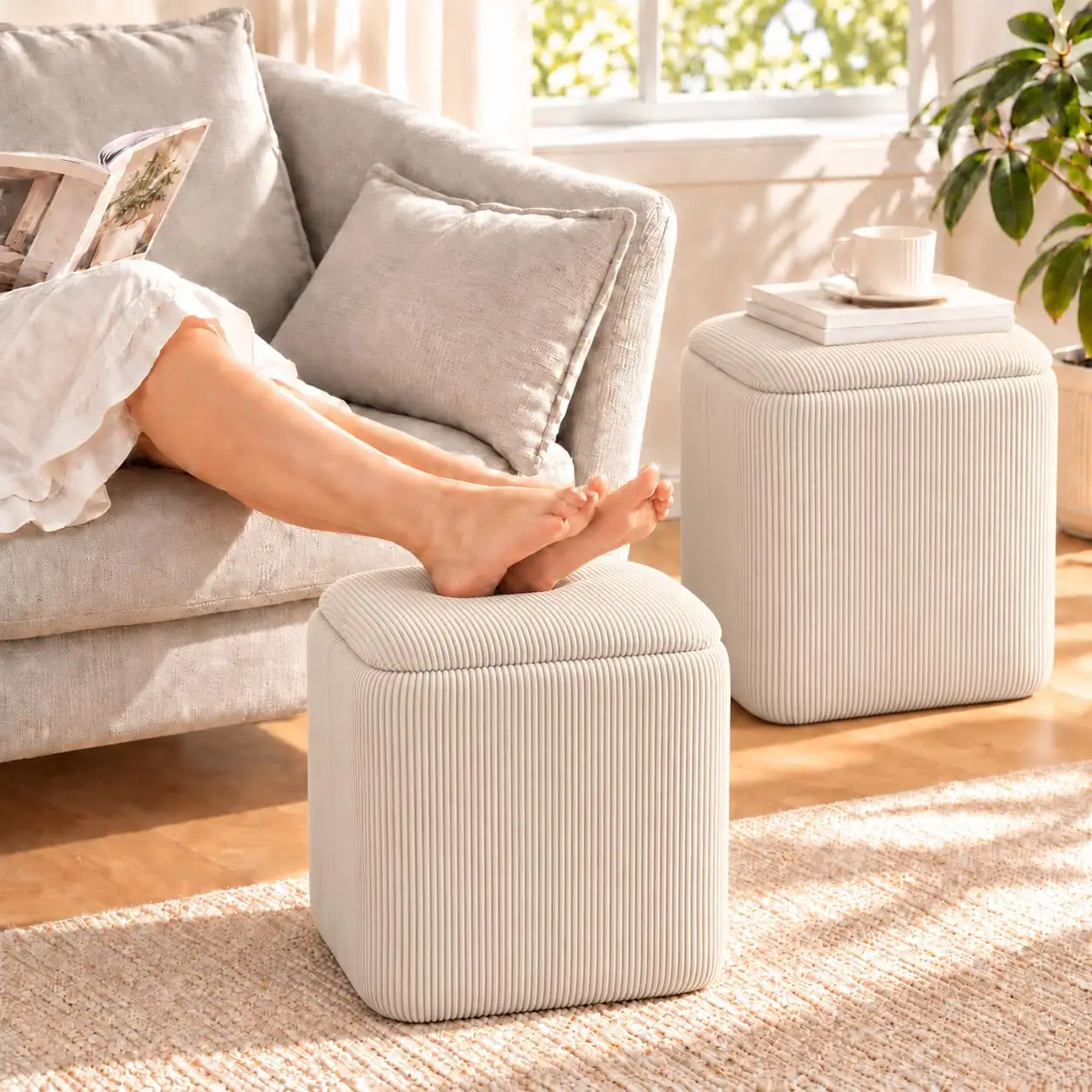 Set of 2 Square Storage Ottomans with Removable Lid – High-Quality Flannel Upholstered Nesting Footrest Stools for Living Room – Soft Sponge Cushion, Compact Design