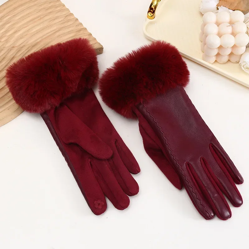 Luxury Women's PU Leather Gloves for Cold Weather Winter Warm Gloves with Soft Faux Fur Trim Cuff Thermal Lining Party Gloves