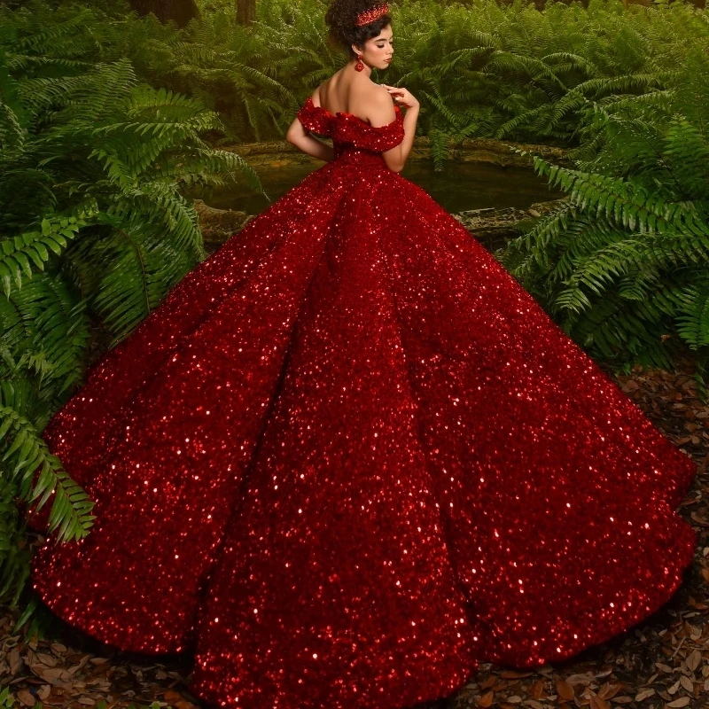 Red Shiny Sweetheart Quinceanera Dresses Off Shoulder Sequined Beads Chapel Train Corset Prom vestido de debutante 15 anos