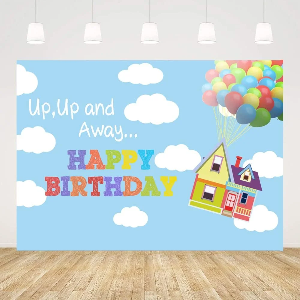 

Up Happy Birthday Backdrop for Photography Boy Adventure Up Up and Away Balloons Blue Sky and White Clouds Background for Kids