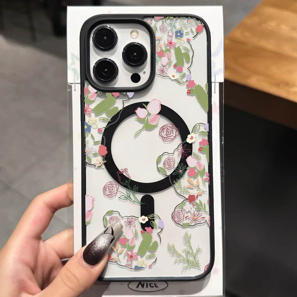 Funda magnética transparente para teléfono con estampado floral creativo en color macarrón, compatible con iPhone 11-17 Pro/Pro Max/Plus/Air y Samsung S23/S24/S25 Plus/Ultra, carga inalámbrica magnética fuerte, universal para todos los accesorios magnéticos. 5