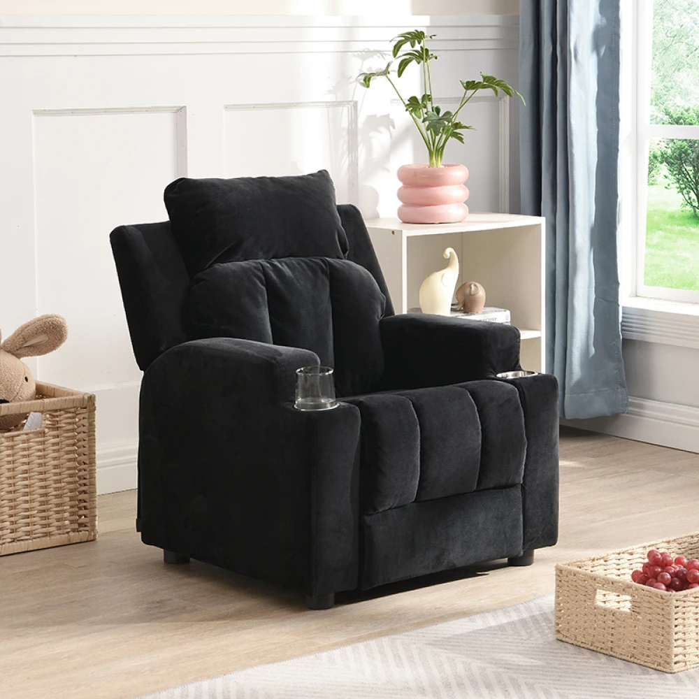 

Kids Recliner Chair, Kids Upholstered Couch with Two Cup Holder, Footrest, Backrest, Toddlers Velvet Recliner with Headrest