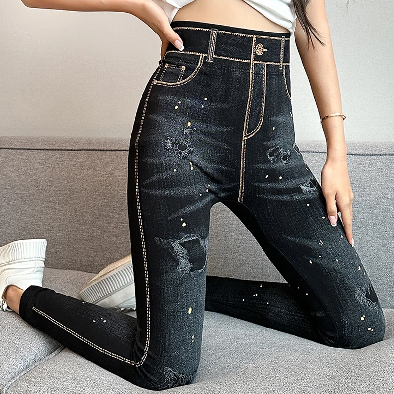 2024 Women\'s High Waist Leggings Slim Skinny Tight Pants Casual Printed Imitation Jeans Sexy Push Up Super Stretchy Pencil Pants