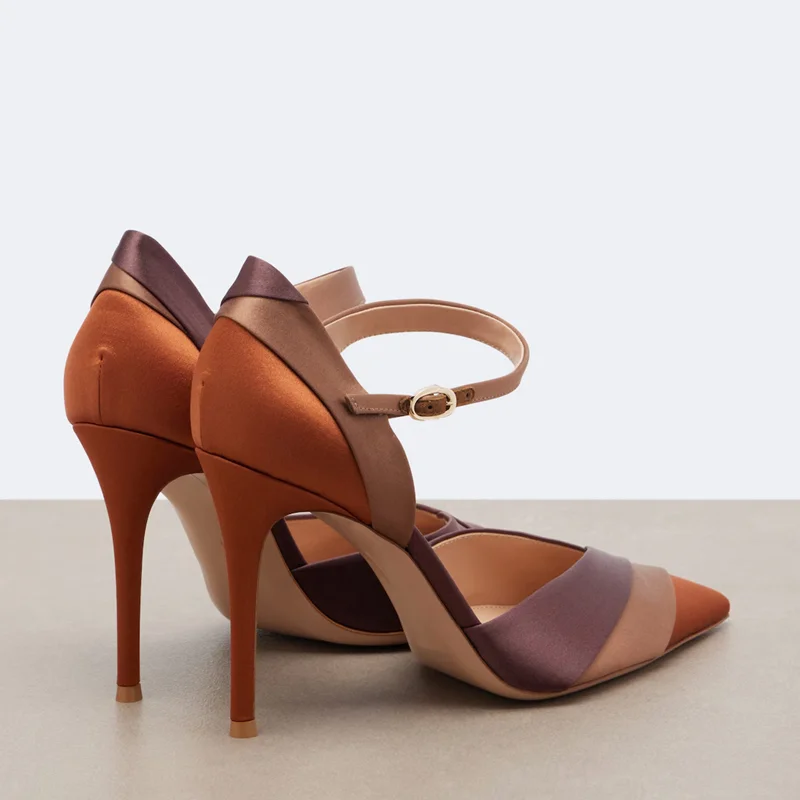 Satin Mixed Colors Cover Heel Pumps Sexy Pointed Toe Thick Heel Buckle Belt Customized New Arrivals Fashion Women Shoes