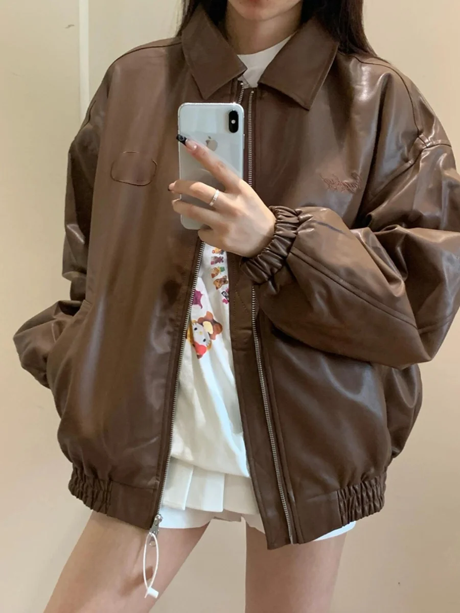 Große Größe American Sle Coffee PU Leder Jaet Damen Herbst Neue High-End Lose Heavy Du Paar Motorrad Jaet