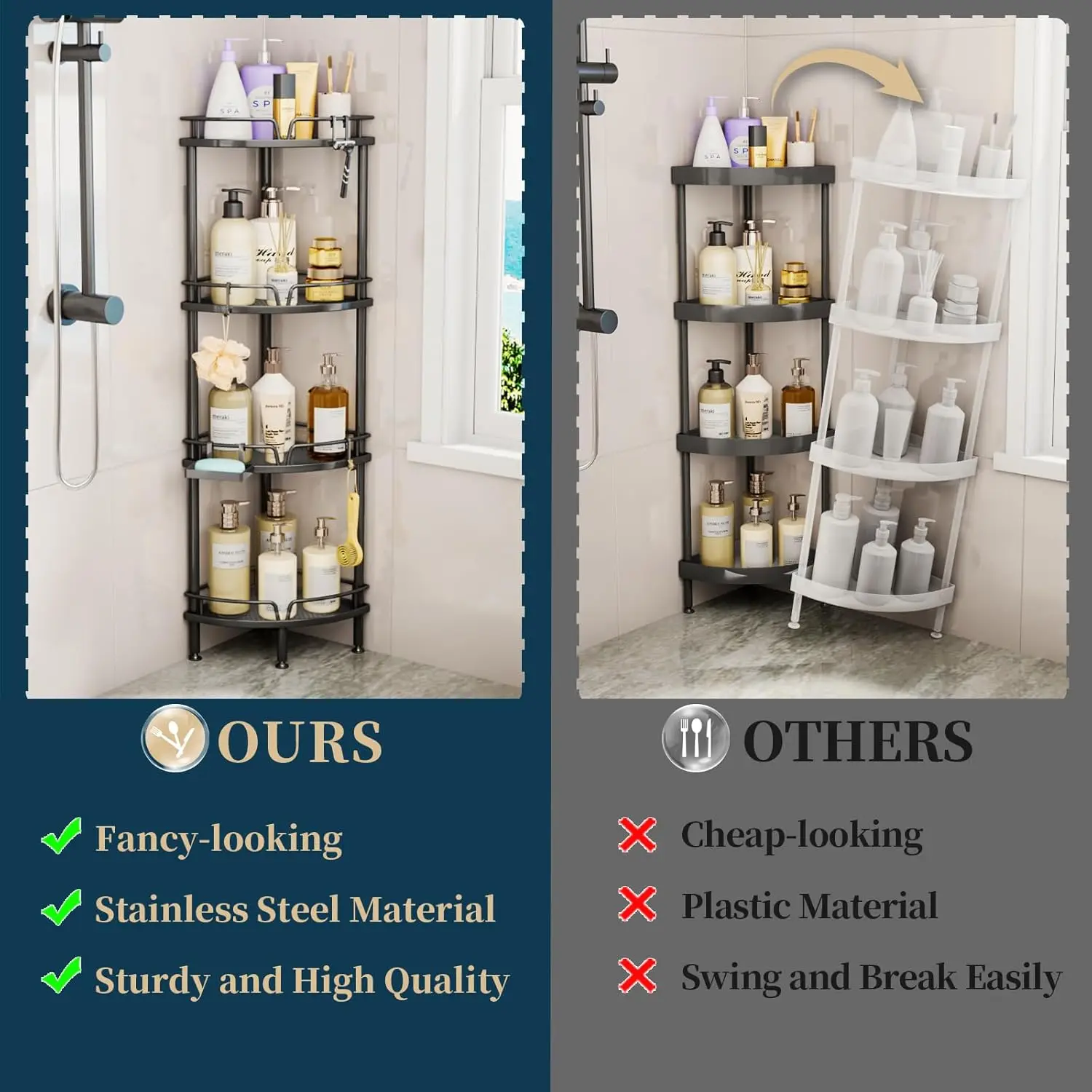 Consumest Corner Shower Caddy Stand - 4 Tier Shower Organizer with Soap Holder, Standing Tall Floor Shower Stand