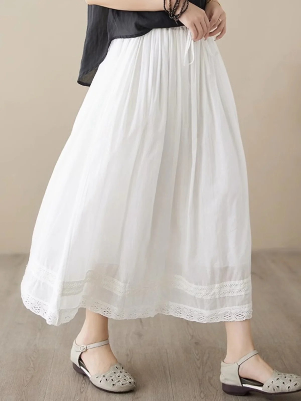 

Ele Japanese Sle Cotton Linen f Skirt for Women Summer Elastic Waist Loose Floating Large Swing Embroidery A-Line Skirt