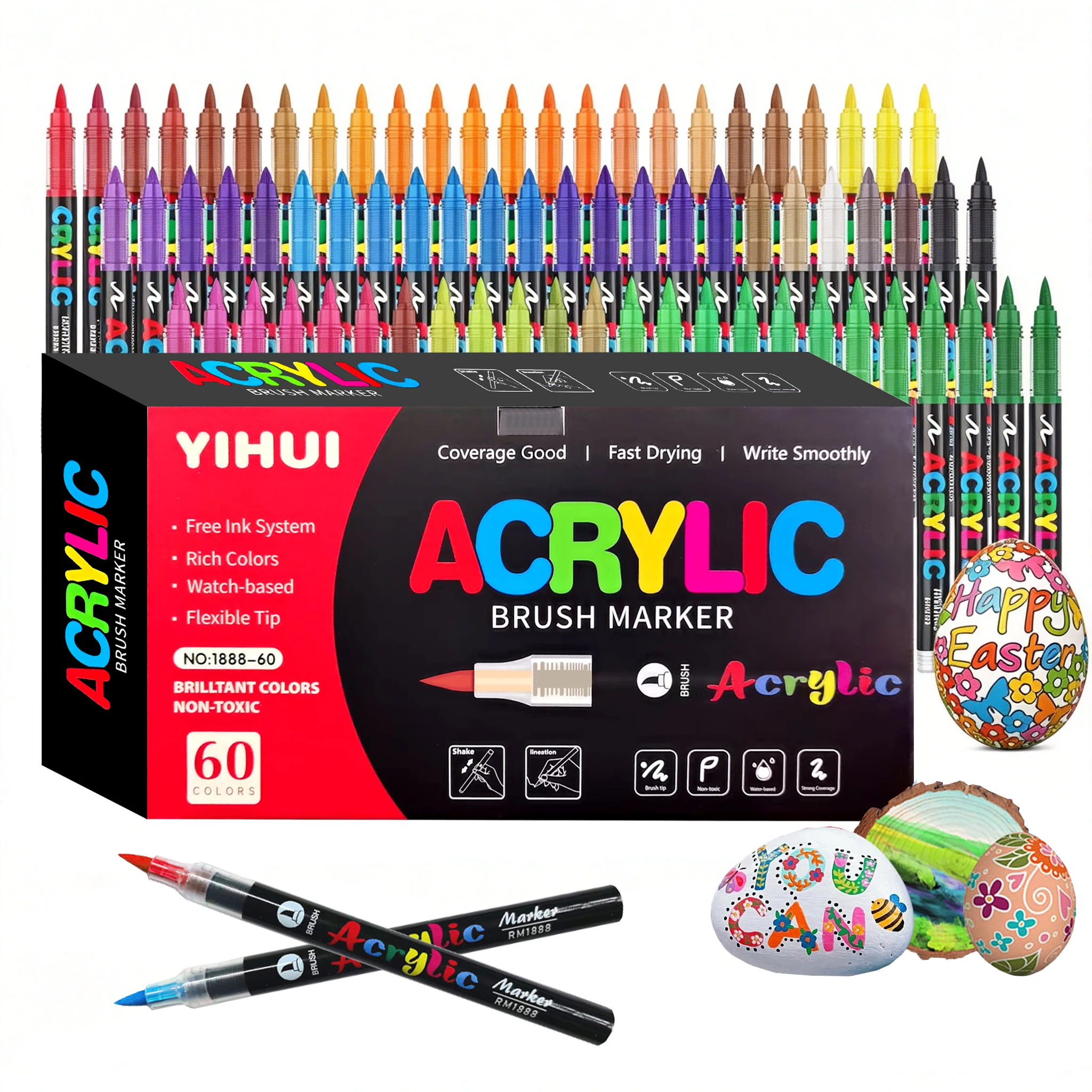 12-60 Colors Acrylic Paint Marker Pens Set Water Based Acrylic Paint Pens with Flexible Brush Tip for Rock Painting Metal Fabric