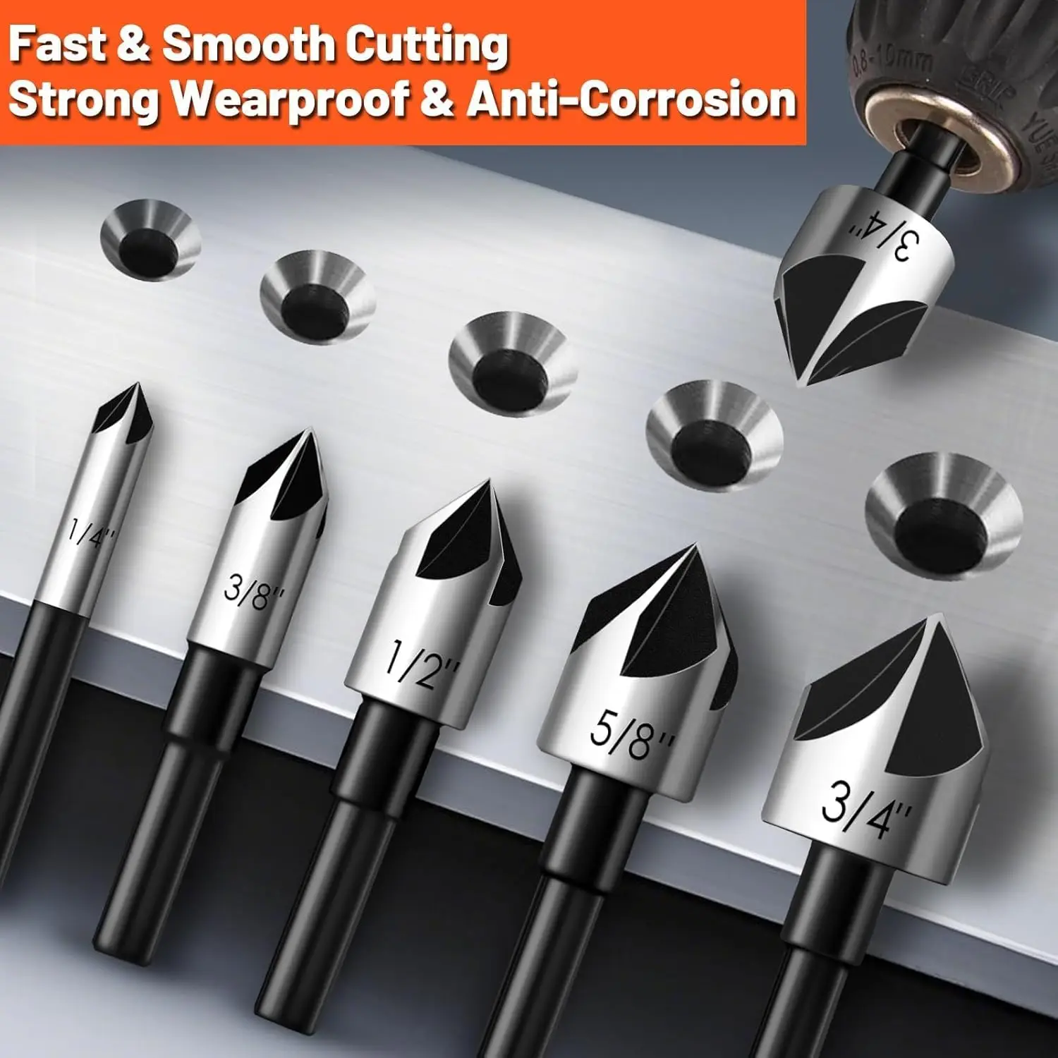 5 Pcs Countersink Drill Bit Set, 1/4" Shank HSS4241 for Steel, Wood, Metal & Plastic, 1/4"-3/4" Sizes - view 6