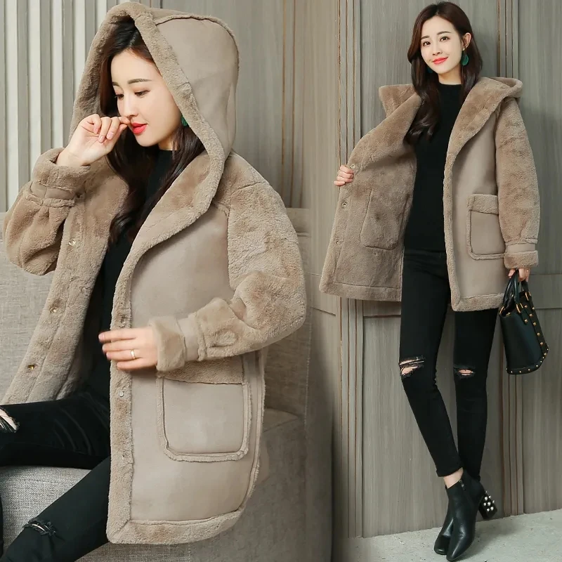 2022 Winter Warm Coat Plush Thick Lamb Wool Coat Women Mid-Long Plus Velvet Loose Deerskin Plush Fur Coat Warm Oversized Female