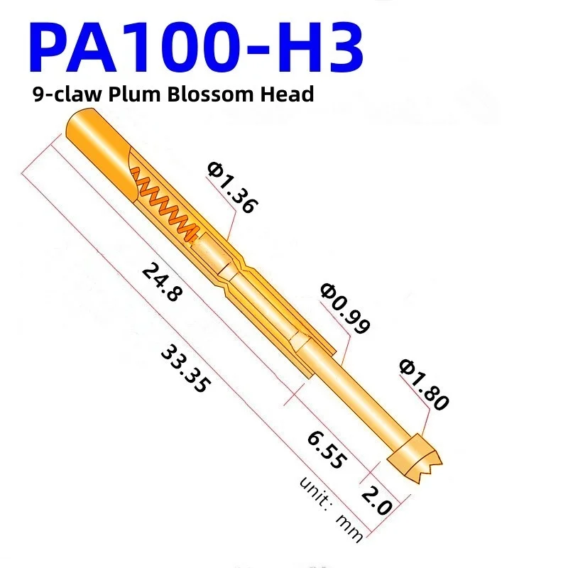 

20/100PCS PA100-H3 33.35mm 9-claw Plum Blossom Head Test Pin Dia 1.80mm Needle Spring Test Probe P100-H3 Test Pogo Pin P100-H