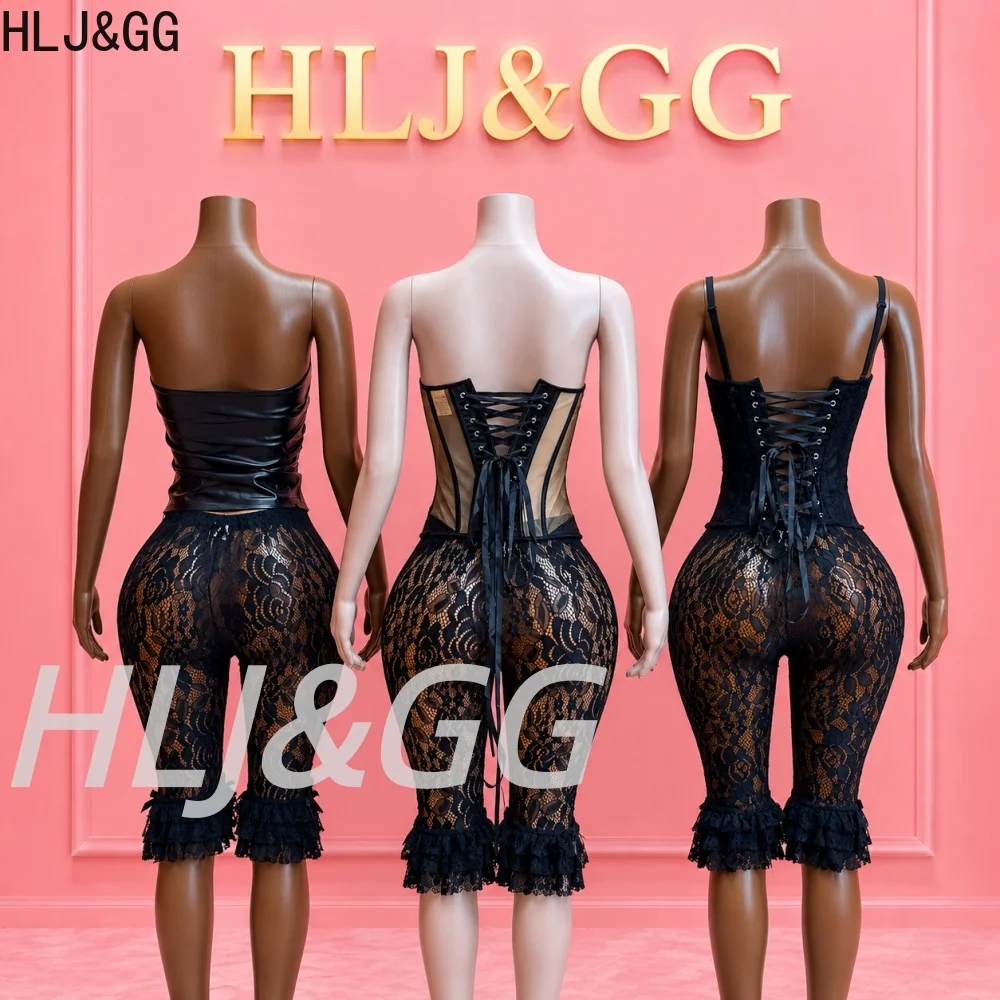 HLJ&GG Black Lace See Though Shorts Two Piece Sets Women Off Shoulder Leather Tube And Bandage Ruffle Shorts Outfits Streetwear