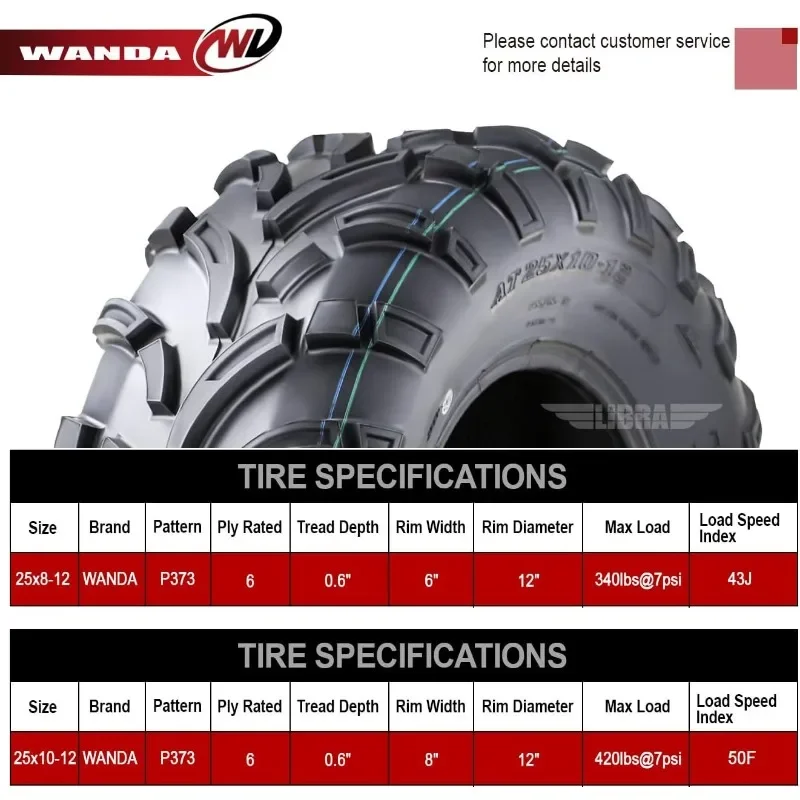Set of 4 ATV/UTV Tires 25x8 12 Front & 25x10 12 Rear /6PR P373 10243/10244 US(Origin).Authenticity guarantee.