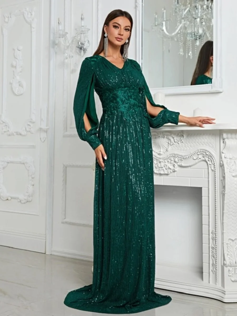 Ele Long Evening Gown Sexy High Waist Wedding Birthday Par Dr Floor Length Skirt iny Sequins ort Sve V Ne