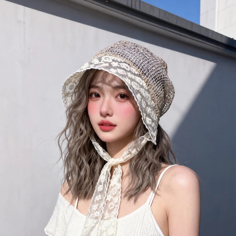 

Women's Y2K Bohemian Style Lace Piled Hat Casual Style Hollow Breathable Handmade Knitted Cap Bucket Hat