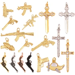 European and American Popular Men's Micro Inlaid Zircon Charm Pendant,Cute 18K Gold Brass Sword Gun Necklace Supply L17