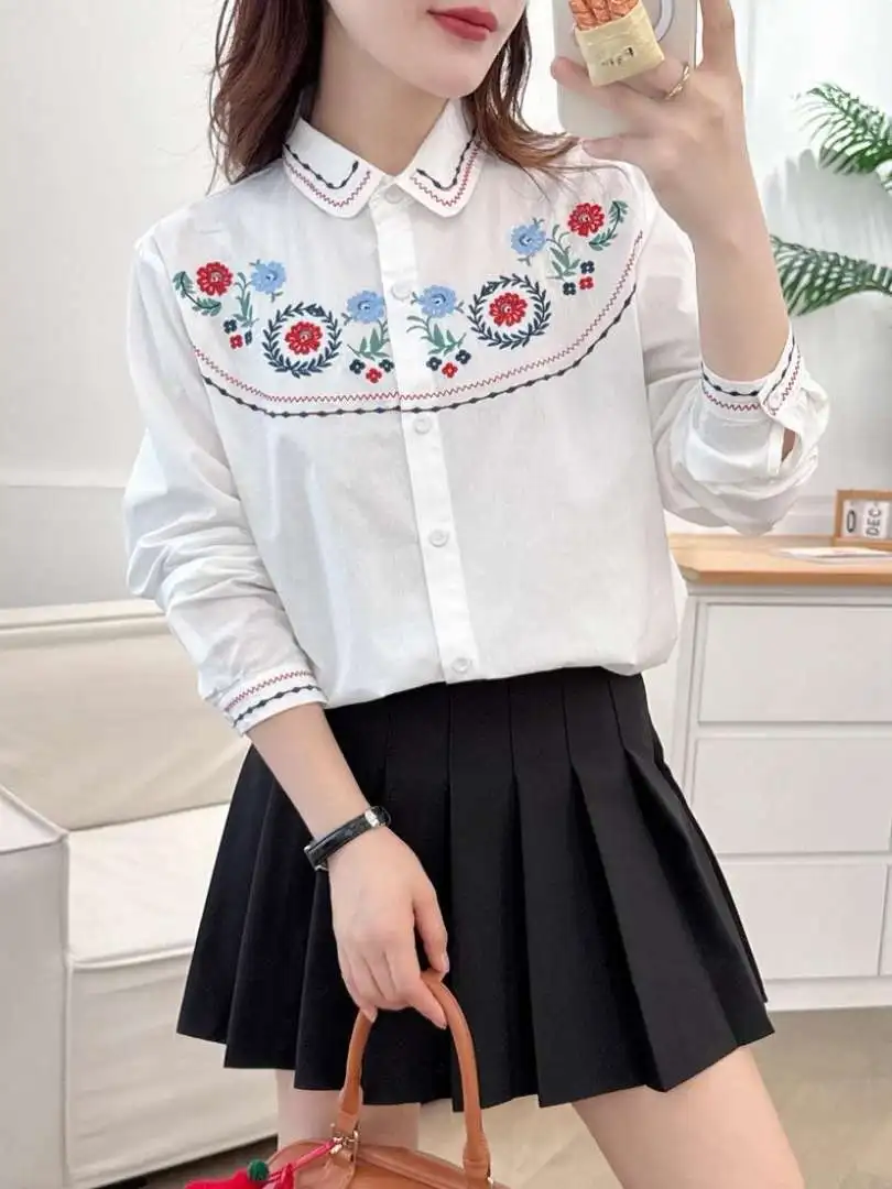 Japanische Süße Mori Mädchen Floral Stickerei Baumwolle Shirts Frauen Frühling Drehen Unten Kragen Langarm Casual Lose Bluse Tops