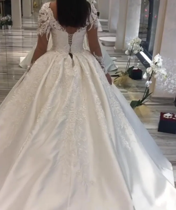 Personalizado decote em v rendas apliques vestido de casamento para noiva robe de mariée cetim país mangas compridas espartilho voltar vestidos de noiva