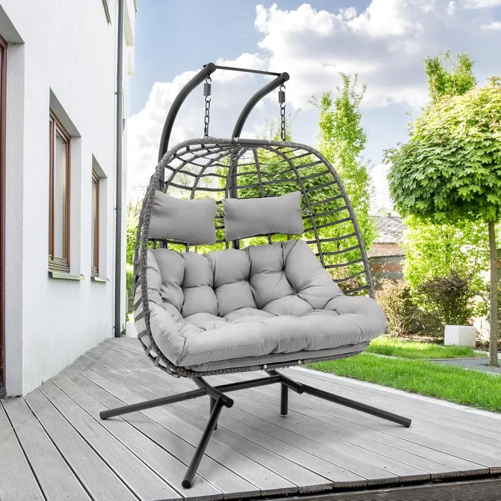 Double Swing Egg Chair with Stand, Large Hand-Woven Wicker Rattan Hanging Egg Chair for 2 People, Porch Hammock Swing Loveseat