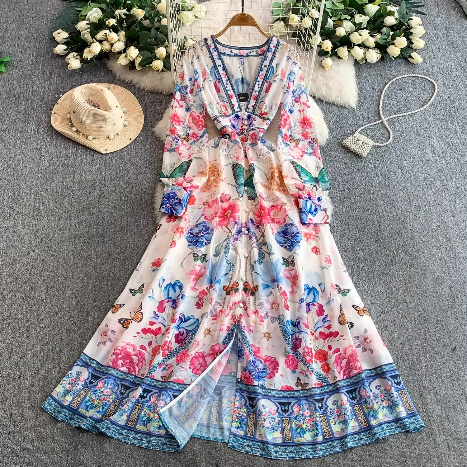 

Women Casual Print Dress Sexy V-Neck Long Sleeve Gorgeous Flower Bohemian Beach Sundress Ladies Summer Vacation Maxi Vestidos
