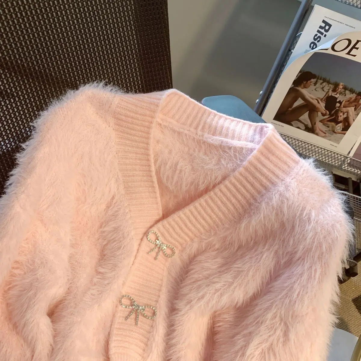 Pink Mink Velvet Knitted Cardigans V-Neck Long Sleeve Bow Buttons Sweater 2024 Autumn Winter Gentle Soft Women Knitwear