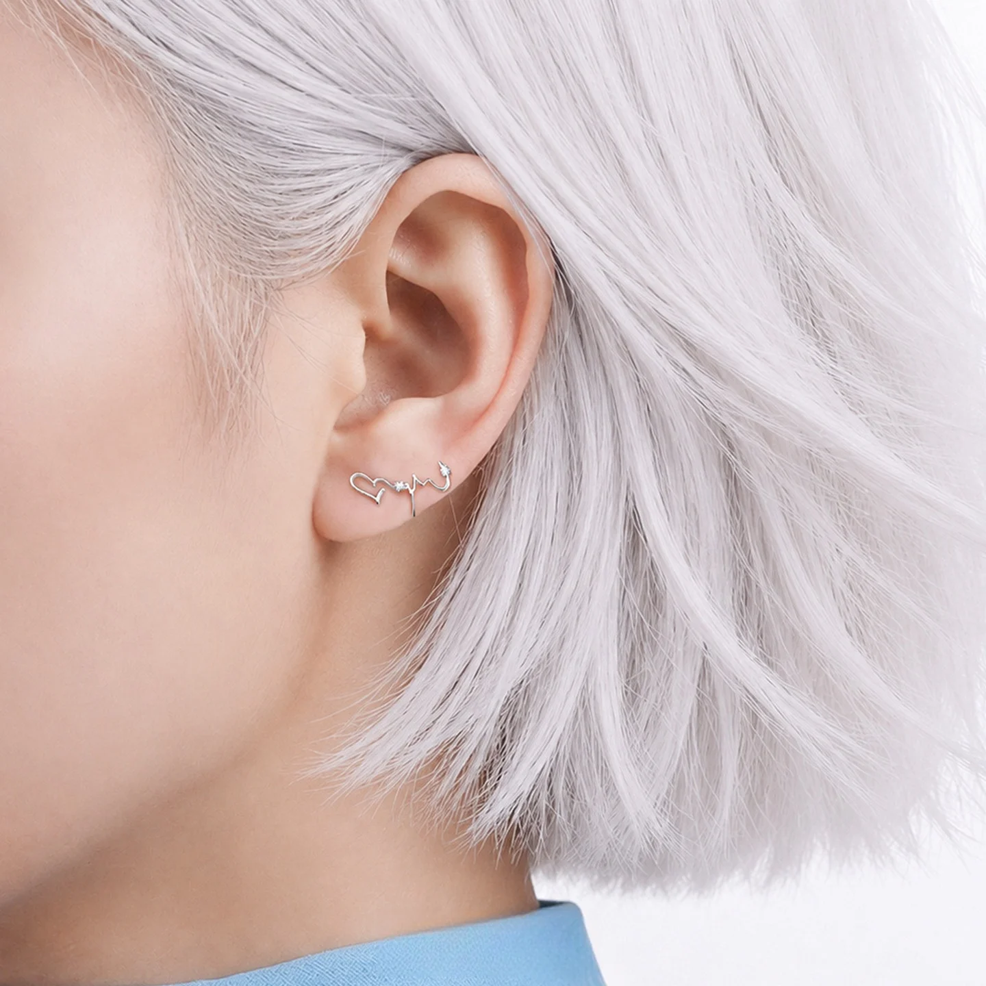 F.I.N.S Electrocardiogram S925 Sterling Silver Stud Earrings For Women Irregular Lines Heart  Zircon Piercing Ear Studs Jewelry
