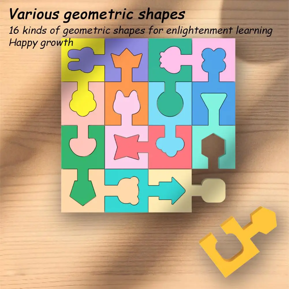 Wooden Puzzles Geometric Shape Matching Toy 16 Pcs Jigsaw Puzzle for Kids Boys Girls Learning Home School Kindergarten Educatio