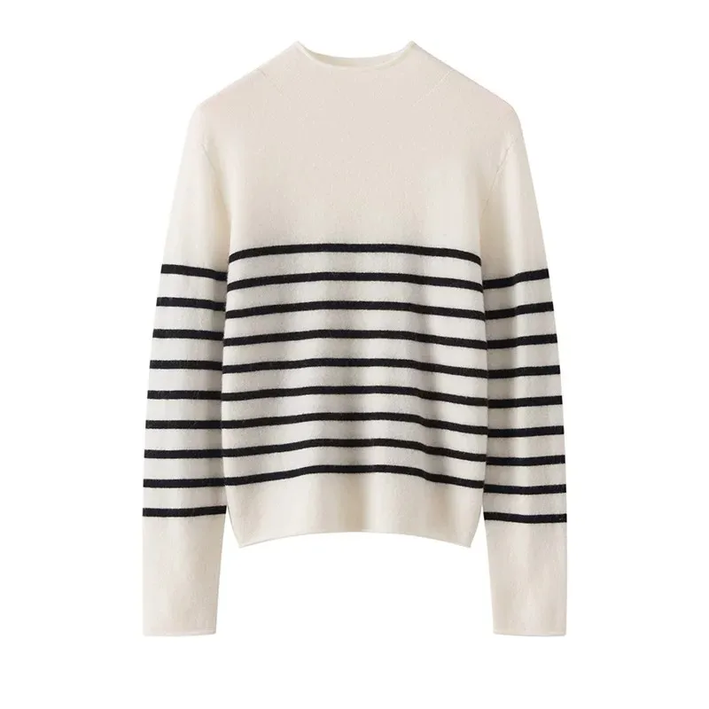 100% cashmere women's black and white contrast striped soft skin-friendly comfortable simple temperament versatile knitted top